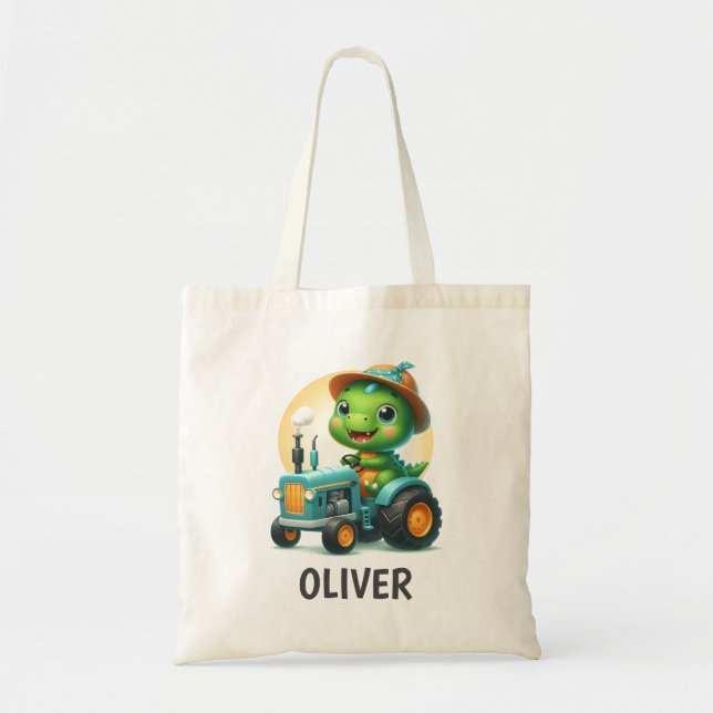 Bolsa Tote Dinossauro de Bebê-Cute Dirigindo um Trator Azul (Frente)