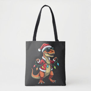 Bolsa Tote Dinossauro Envolvido com Luzes de Natal Santa Hat