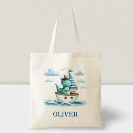 Bolsa Tote Dinossauro Fofo Náutico Capitão Personalizado Azul