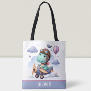 Bolsa Tote Dinossauro Fofo Voando Avião Roxo