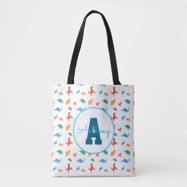 Bolsa Tote Dinossauro Monograma Padrão Colorido Aniversário (Frente)