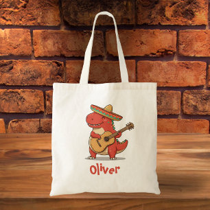 Bolsa Tote Dinossauro Vermelho da Festa com Sombrero e Guitar