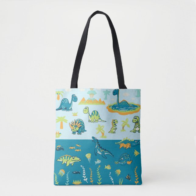 Bolsa Tote Dinossauros da Cartoon: Conjunto Terrestre e Marít (Frente)