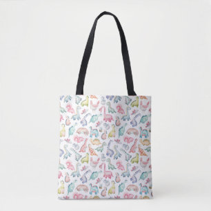 Bolsa Tote Dinossauros lindos, padrão de aquarela infantil.