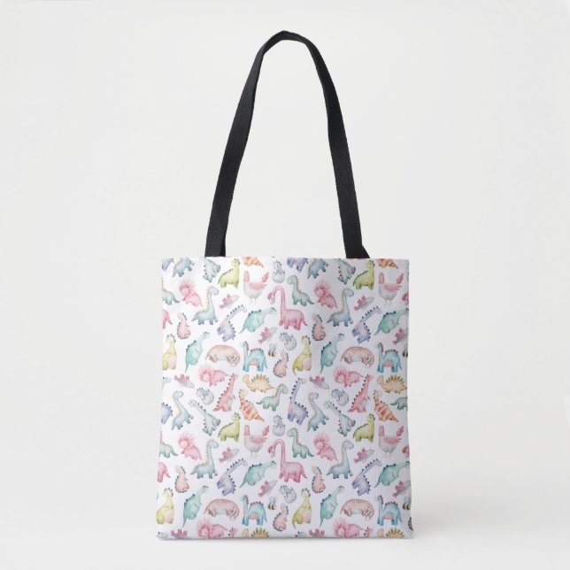 Bolsa Tote Dinossauros lindos, padrão de aquarela infantil. (Frente)
