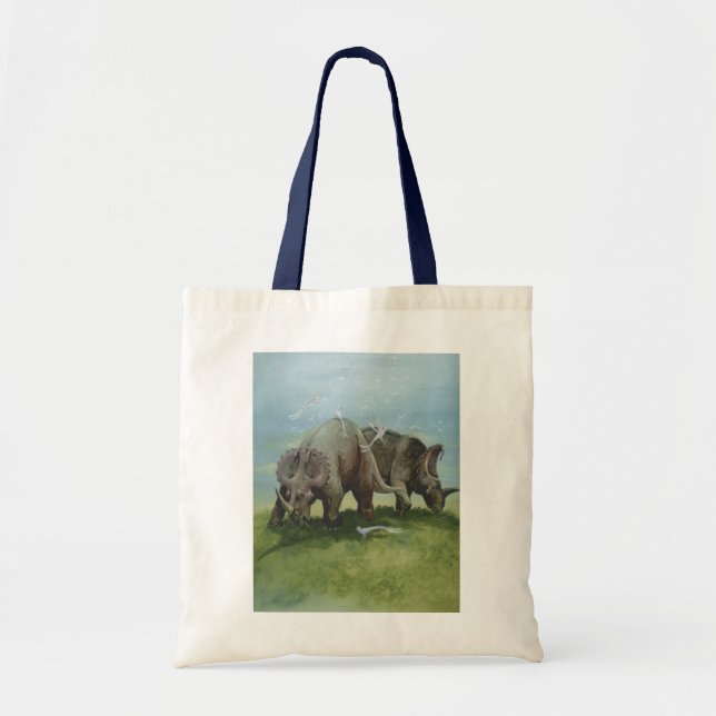 Bolsa Tote Dinossauros Vintage, Centrosaurus Grazing em Prado (Frente)