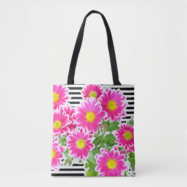 Bolsa Tote Disias Rosa / Buquê de Astras e listras pretas (Frente)