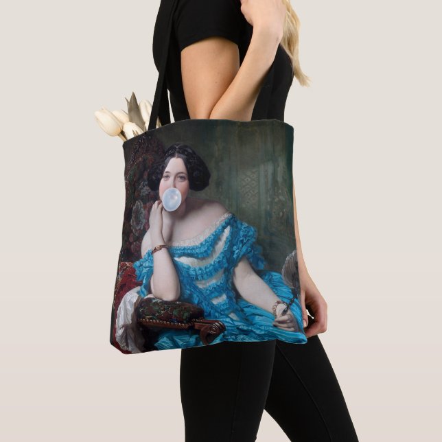Bolsa Tote Diva de chiclete em cetim azul (Close Up)