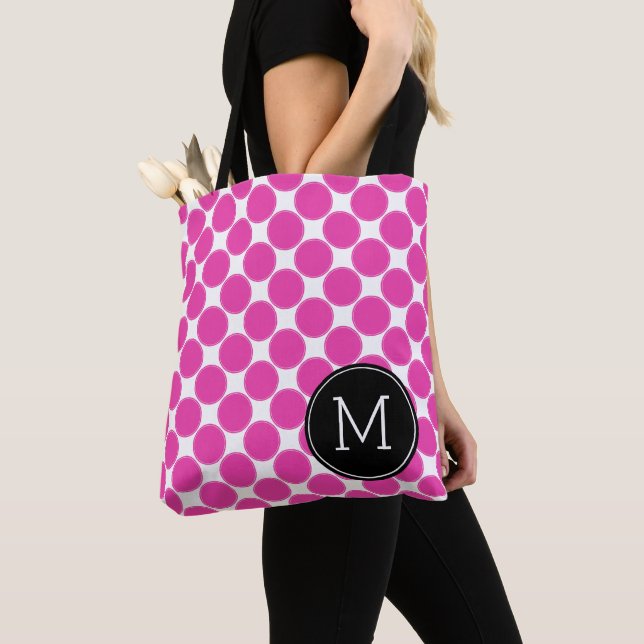 Bolsa Tote Diva Rosa e Pontos Brancos com Monograma Preto (Close Up)