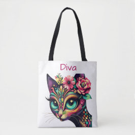 Bolsa Tote Diva Whimsical Big Eye Cat Gatinho Floral
