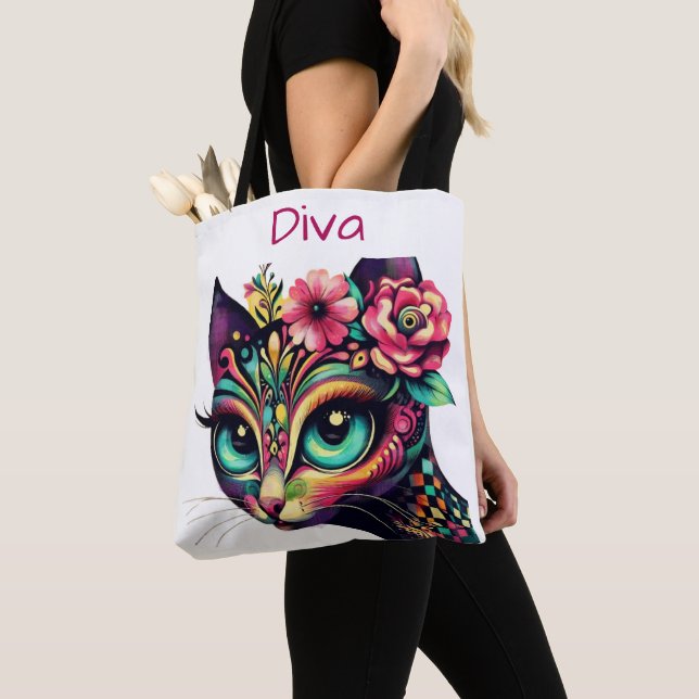 Bolsa Tote Diva Whimsical Big Eye Cat Gatinho Floral (Close Up)