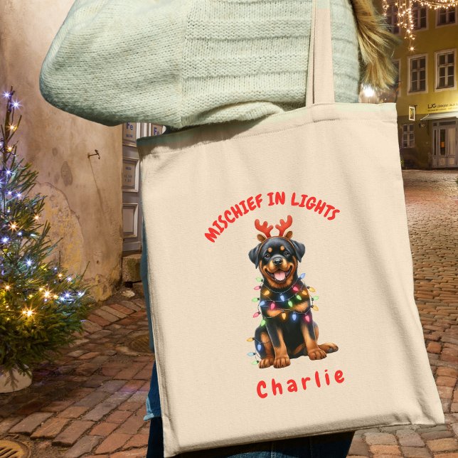 Bolsa Tote Diversão da Aquarela Rottweiler Luzes de Natal Cão (Carry festive cheer with this custom fun Rottweiler dog tote bag. A perfect gift for dog lovers.)