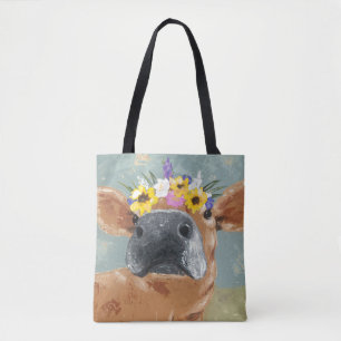 Bolsa Tote Diversão de Fazenda - Vaca com Coroa de Flor