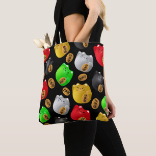 Bolsa Tote Diversão do padrão de gatos coloridos Maneki-neko 