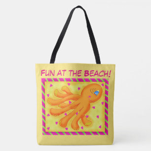 Bolsa Tote Diversão em Laranja Amarelo Octopus Whimsy Beach