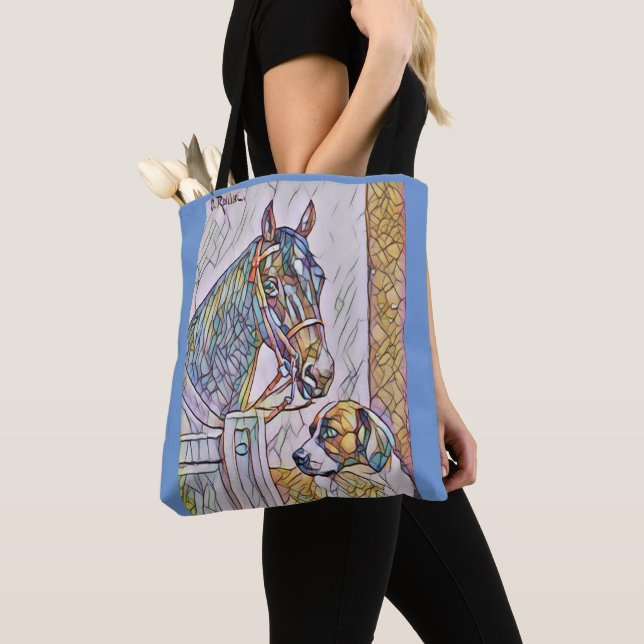 Bolsa Tote Diversão em vitral de cavalo e cachorro (Close Up)