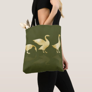 Bolsa Tote Diversão Gold Foil Geese Sage Nome Verde