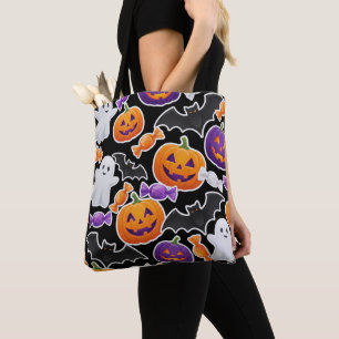 Bolsa Tote Diversão Padrão de Fantasma e Abóbora Spooky ou Tr