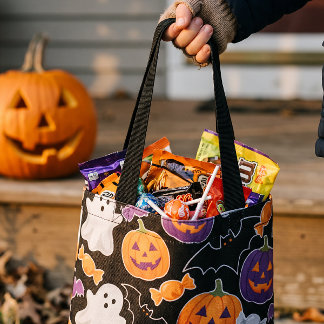 Bolsa Tote Diversão Padrão de Fantasma e Abóbora Spooky ou Tr