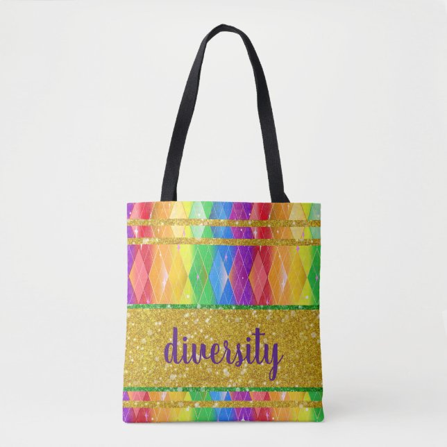 Bolsa Tote diversidade brilhando orgulho gay argyle arco-íris (Frente)