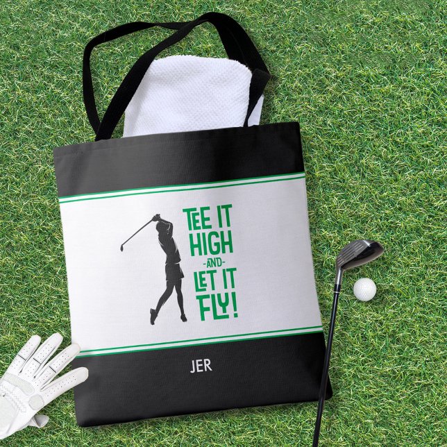 Bolsa Tote Dizendo engraçado de golfe Moderno Verde Preto (Cute Golfer Golf Humor Funny Modern Black, Green & White Tote Bag For Her)