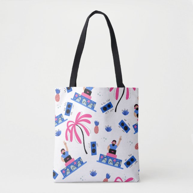Bolsa Tote DJ alegre, padrão de praia tropical. (Frente)
