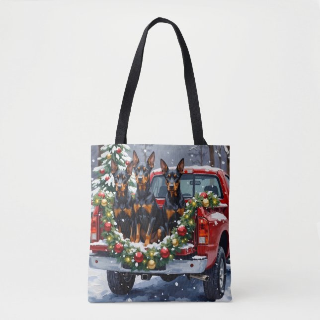 Bolsa Tote Doberman Pinscher Christmas Red Truck Holiday (Frente)