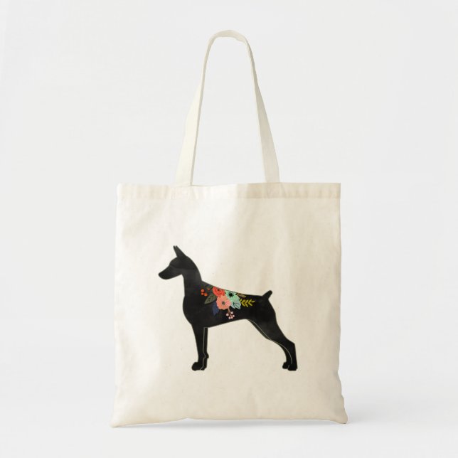 Bolsa Tote Doberman Pinscher Dog Breed Boho Floral Silhouette (Frente)