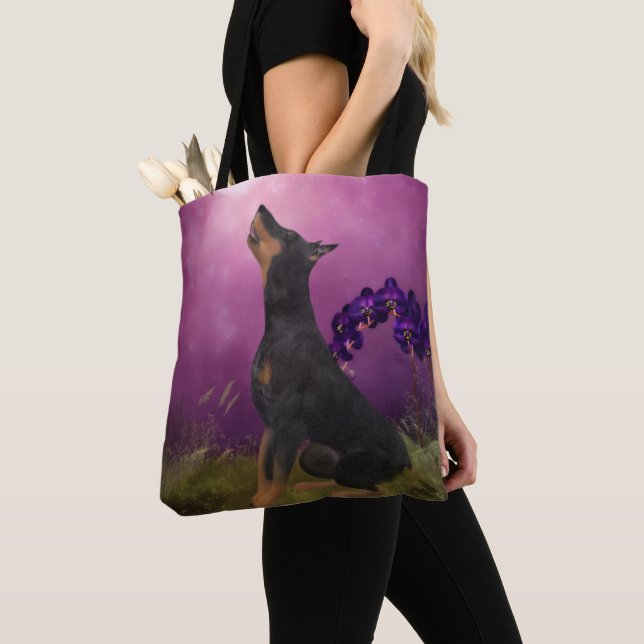 Bolsa Tote Doberman Purple Fantasy Orchids Dog Art (Close Up)