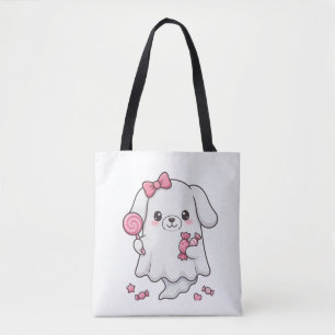 Bolsa Tote Doce Fantasma de Bala com Laço Rosa Adesivo de Hal