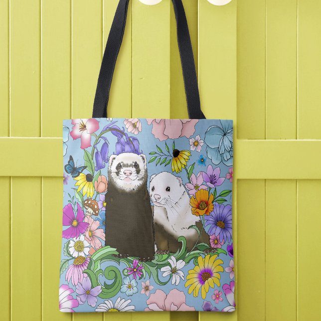 Bolsa Tote Doce Par de Furões Florais Azuis Caprichosos  (Criador carregado)