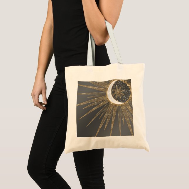 Bolsa Tote Dodles Dourados Elegantes Sun Moon Mandala Design (Frente (produto))
