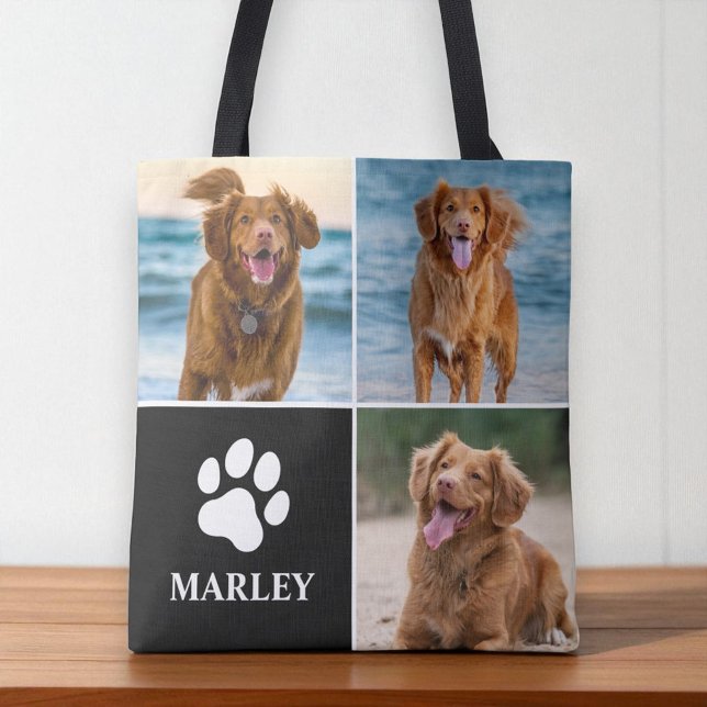 Bolsa Tote Dog Lover Paw Custom Name Photo Collage Pet (Criador carregado)