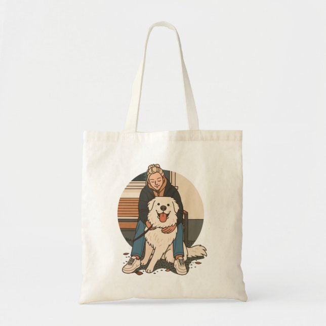 Bolsa Tote Dog Mom Hugging Fluffy Puppy Cute Pet Moment (Frente)