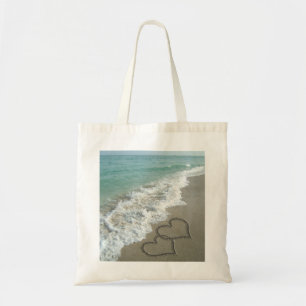 Bolsa Tote Dois corações da areia na praia, oceano românti