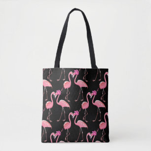 Bolsa Tote Dois flamingos cor-de-rosa num fundo preto. Sem co