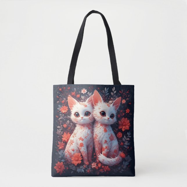 Bolsa Tote Dois Gatinhos Brancos e flores (Frente)