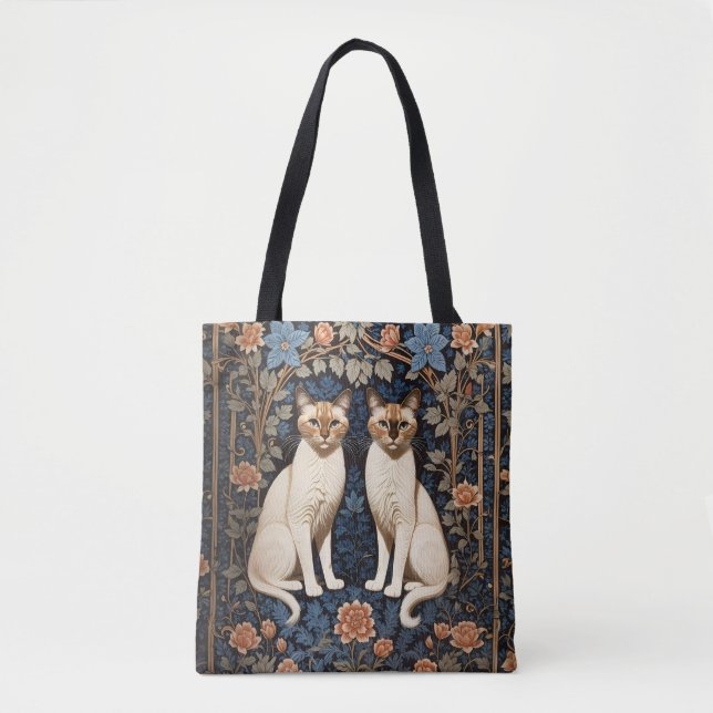 Bolsa Tote Dois gatos siameses William Morris inspirados (Frente)