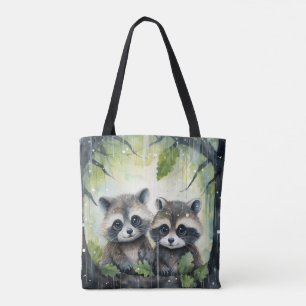Bolsa Tote Dois guaxinins bebês na chuva