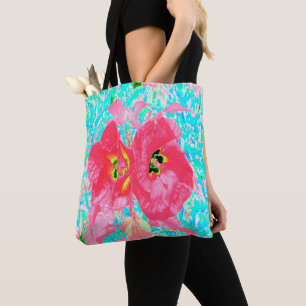 Bolsa Tote Dois Hibiscus Louco de Coral Vermelho Rosado em Aq