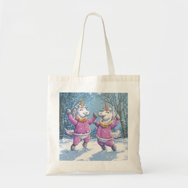 Bolsa Tote Dois Unicórnios com roupa de neve (Frente)