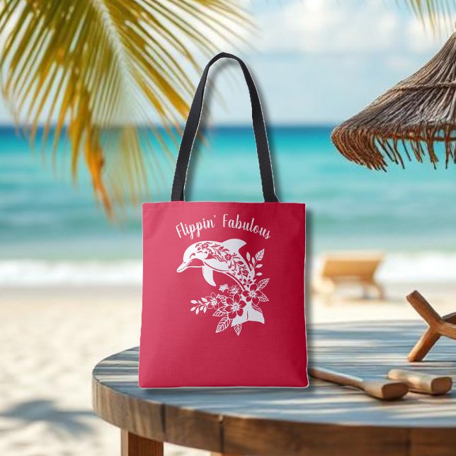 Bolsa Tote Dolphin-Flippin' Fabulous-Cherry Red (Hawaiian Dolphin, Flippin Fabulous, Islander Summer, Beach, Fisherman Trend, Cherry Red Tote)