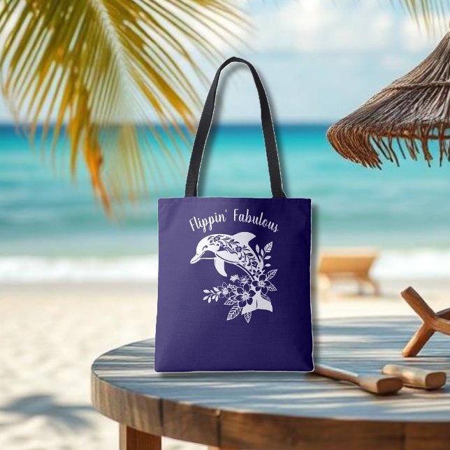 Bolsa Tote Dolphin-Flippin' Fabulous Dark Blue (Hawaiian Dolphin, Flippin Fabulous, Islander Summer, Beach, Fisherman Trend, blue Tote)