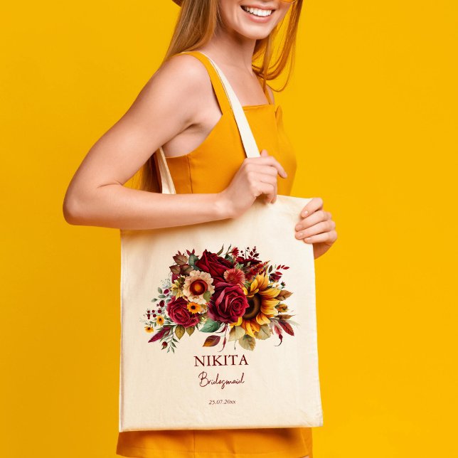 Bolsa Tote Donativos de Bridesmaid rosas de louro (Bridesmaid gifts burgundy roses sunflowers personalized tote bag)