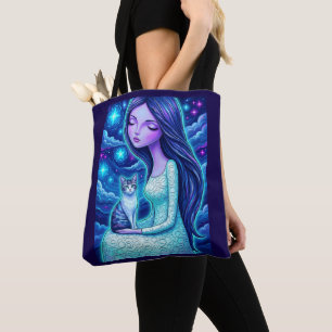 Bolsa Tote Donzela Lunar Celestial Gato Místico Arte Fantasia