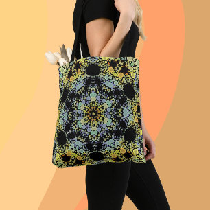 Bolsa Tote Dot Mandala Flor Amarelo Azul e Cinza