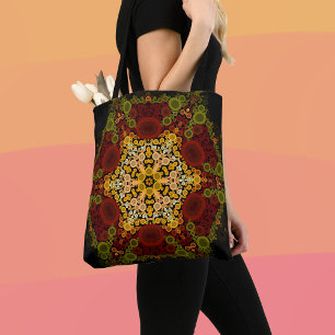 Bolsa Tote Dot Mandala Flor Amarelo Vermelho e Preto