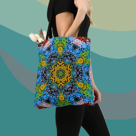 Bolsa Tote Dot Mandala Flor Azul Amarelo e Verde