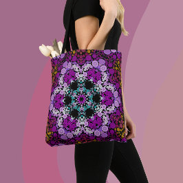 Bolsa Tote Dot Mandala Flor Azul Rosa e Amarelo