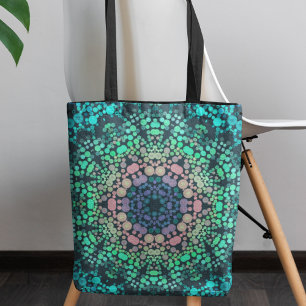 Bolsa Tote Dot Mandala Flor Azul Verde e Rosa